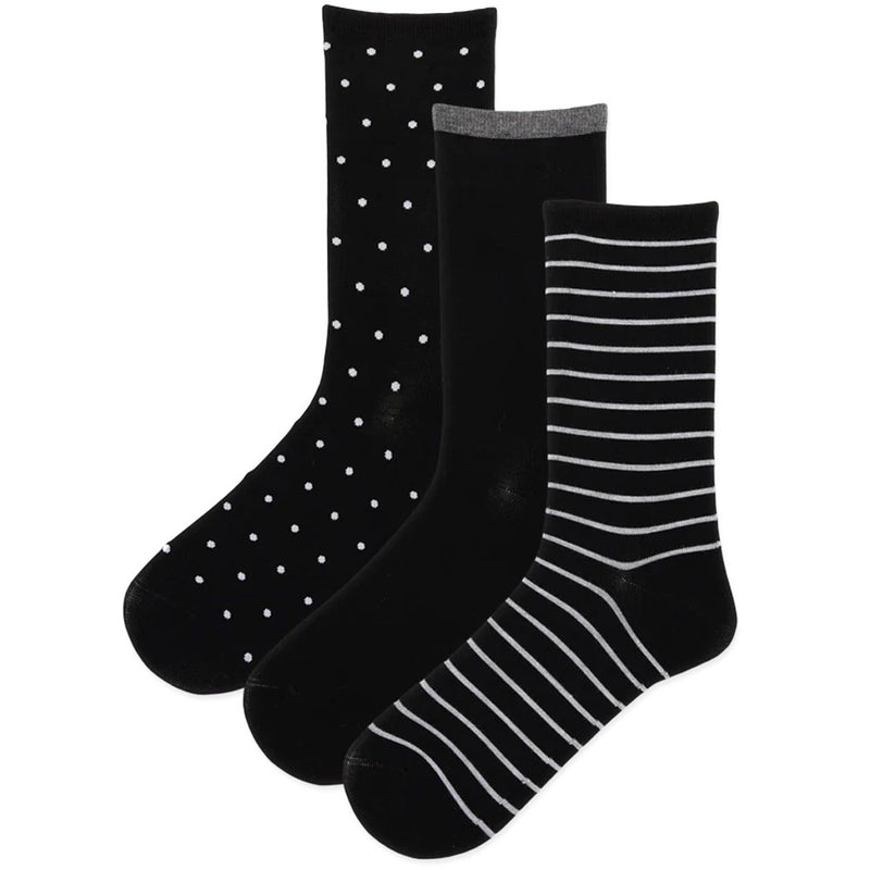 Hot Sox Dot Stripes Crew Sock 3 Pair Pack Womens Hosiery Black