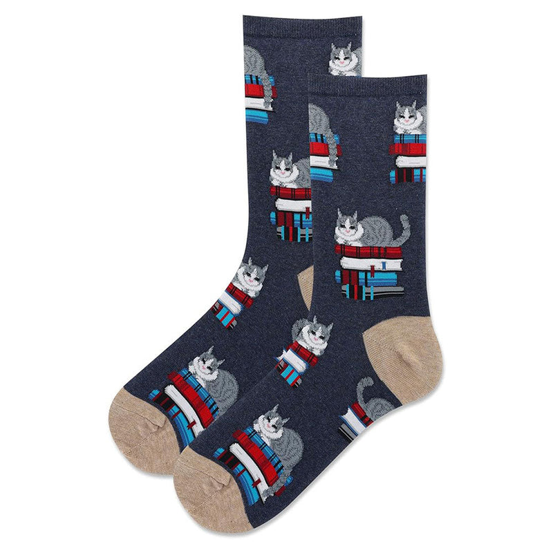 Hot Sox Book Cat Crew Socks Womens Hosiery Denim