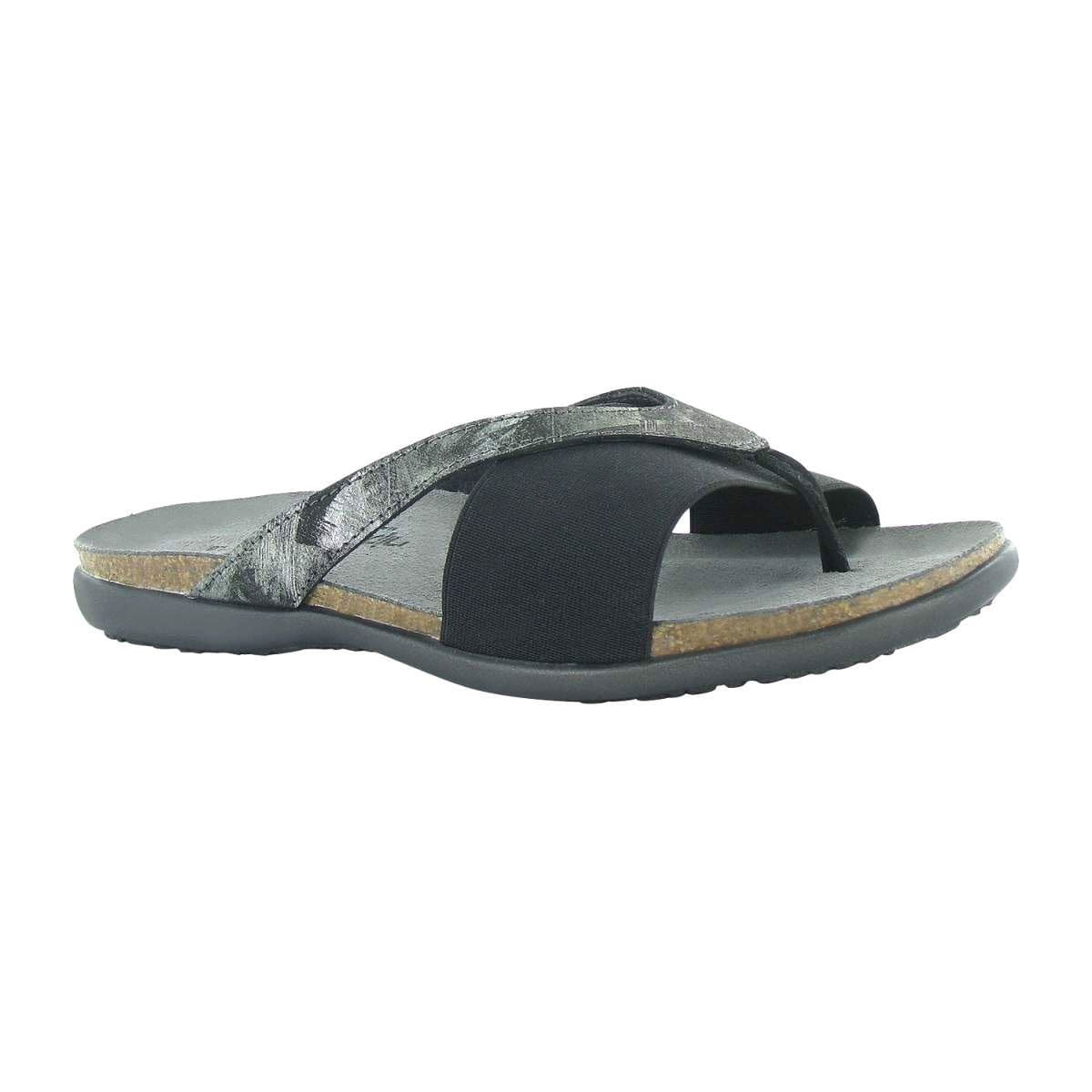 Naot Penelope Thong Sandal (7442) Womens Shoes Black Elastic/Metallic Onyx Leather/Black Velvet Nubuck