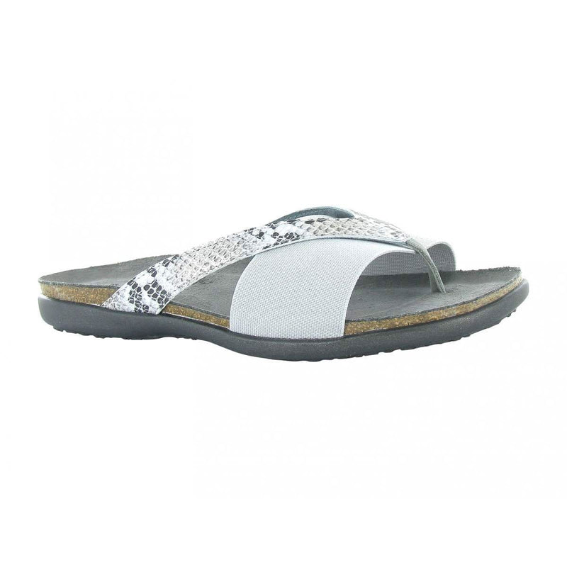 Naot Penelope Thong Sandal (7442) Womens Shoes Ice Gray Elastic/Gray Cobra Leather/Light Gray Nubuck