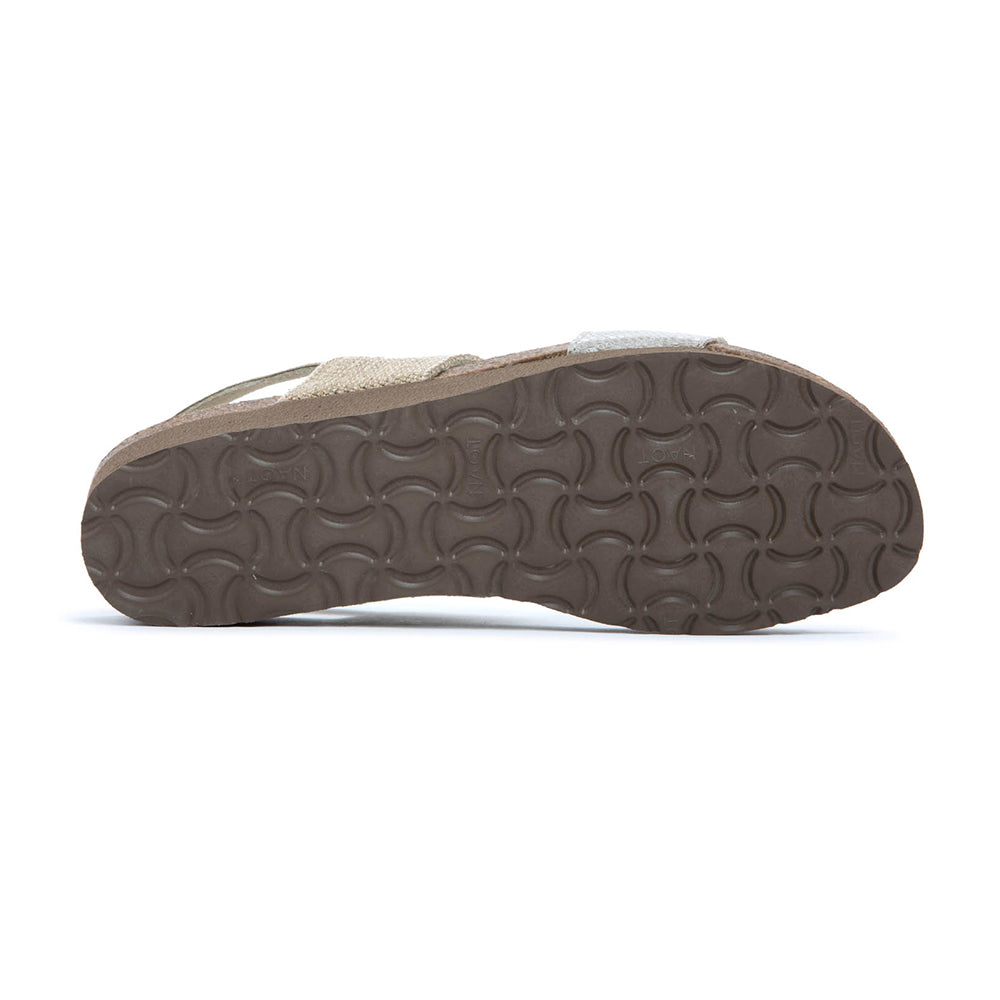Naot Amy Sandal with stretch strap around the ankle and top of foot, and single strap above the toe. Ankle strap is beige and toe strap is white leather. Footbed is brown and sole is darker brown. | Below view | Simons Shoes