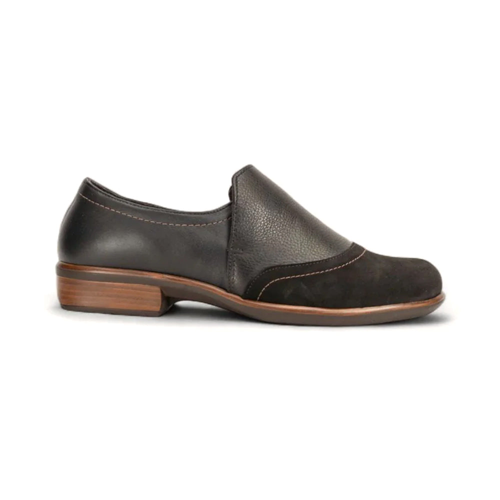 Naot Angin Black Leather Wood Brown Sole | Simons Shoes