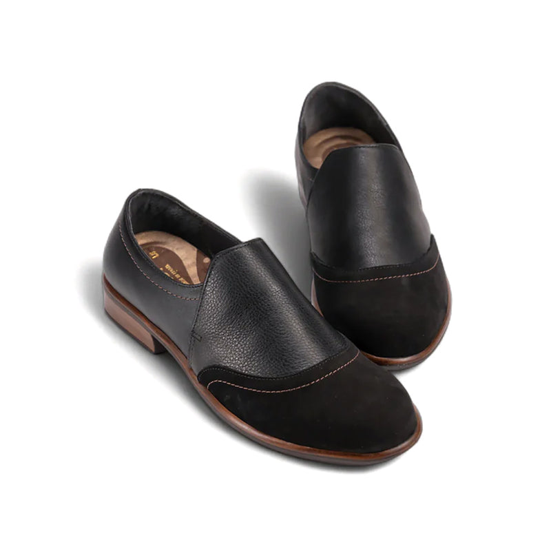 Naot Angin Black Leather Wood Brown Sole | Simons Shoes
