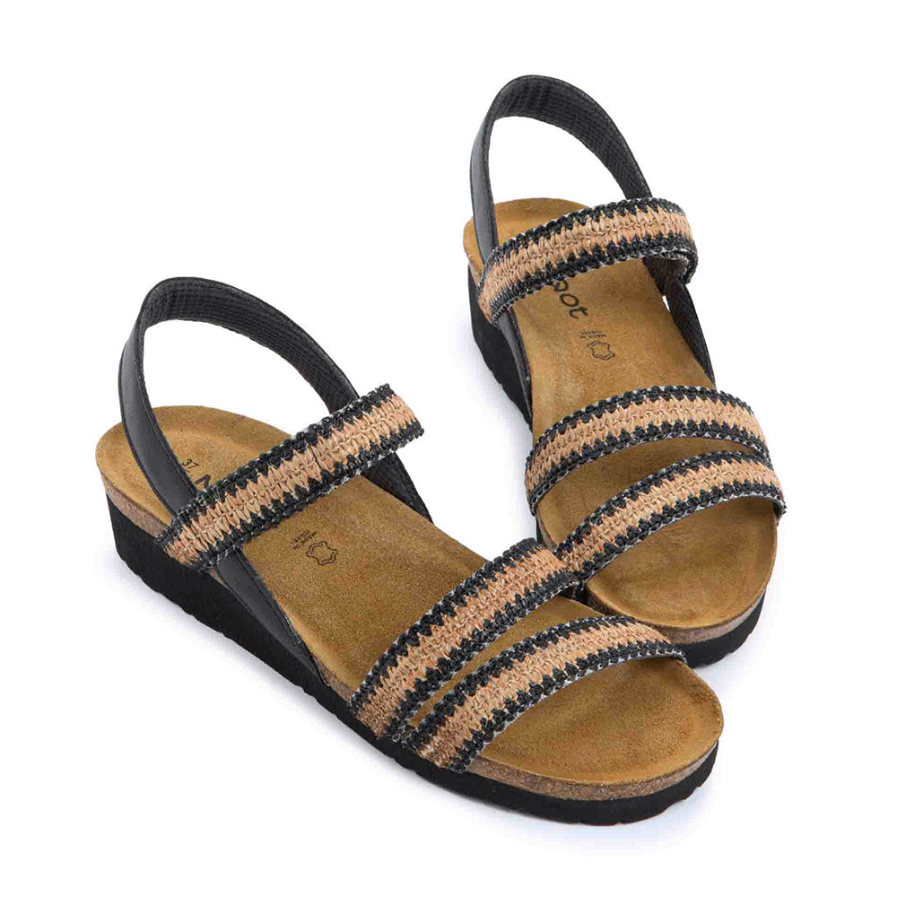 Naot Kayla Jet Black Leather Raffia Comfort Sandal | Simons Shoes