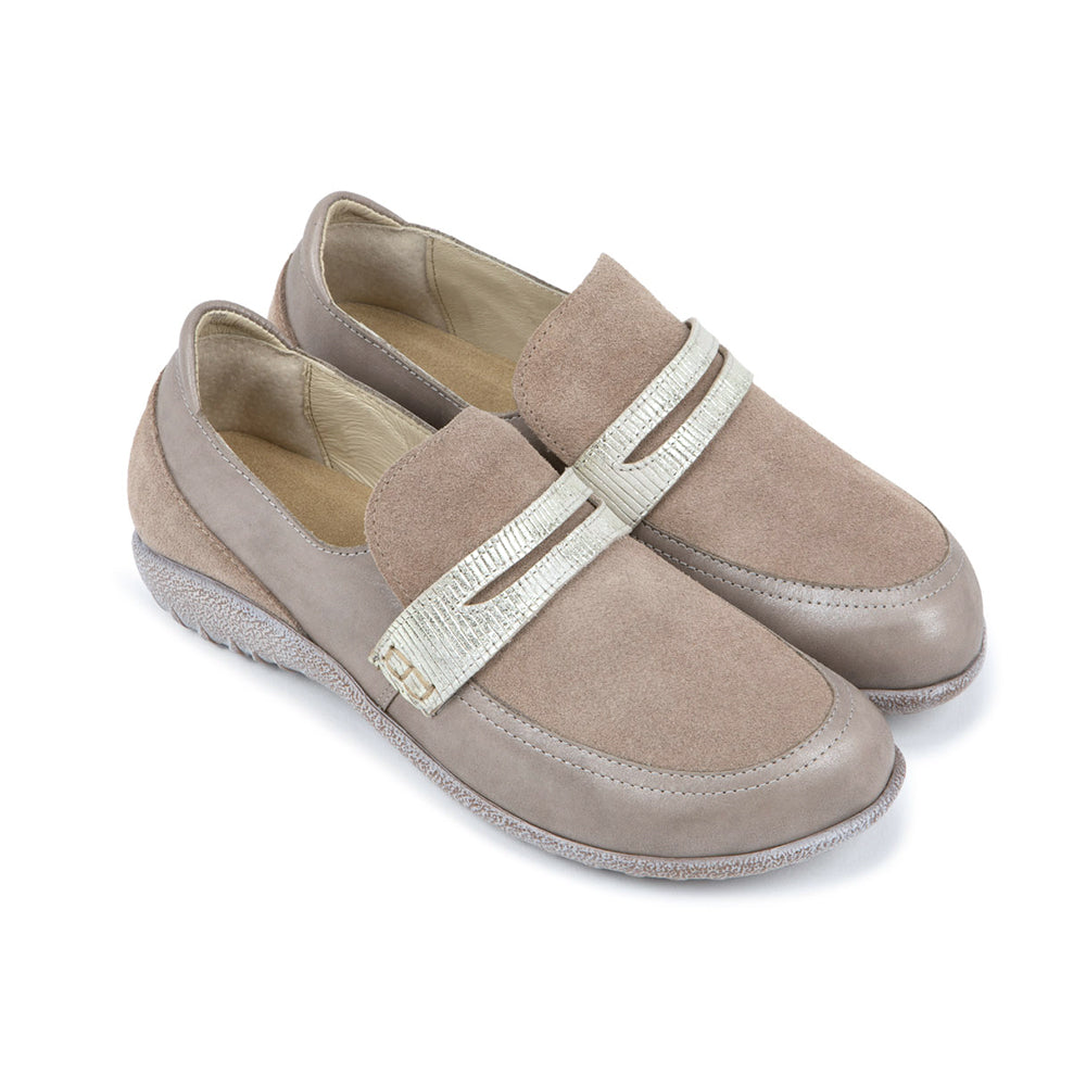Naot Kiso Titanium Almond Stripe White Brown Off White Leather Suede Oxford Loafer