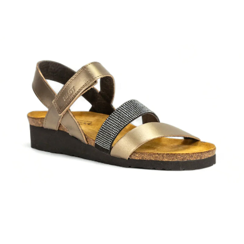 Naot Krista Sandal (7807) Womens Shoes Pewter Leather/Metal Leather/Black w/ Silver Rivets