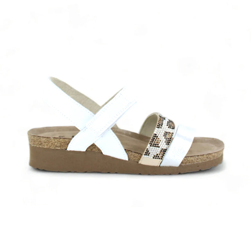 Naot Krista Sandal (7807) Womens Shoes White Pearl Leather/Soft Silver Leather w/ Beige/Cheetah Rivets