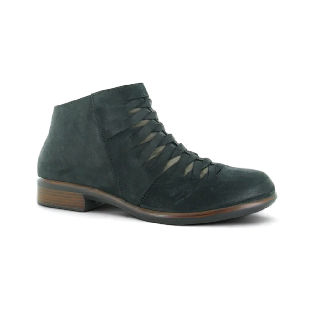 Naot Leveche Black Ankle Bootie Slip On Woven Open Top Suede