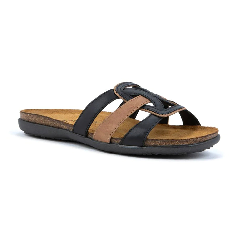 Naot Liv Slip-On Flat Sandal (105150) Womens Shoes Jet Black Leather/Latte Combo