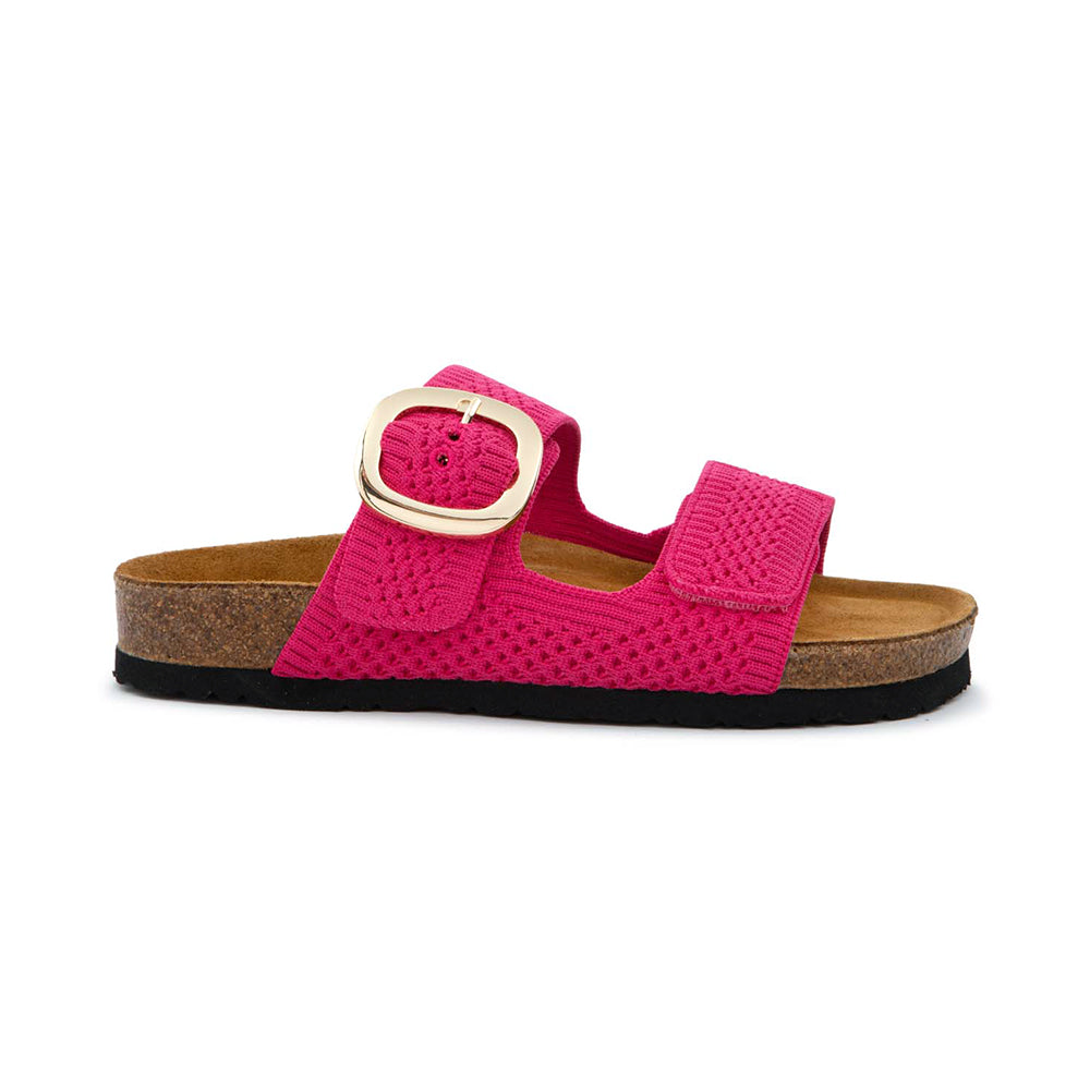 Naot Miami Modern Slide Sandal, two strap stretch knitted mesh material, accessory buckle on strap closer to the ankle. Slip on, no ankle strap, just two straps on top of the foot. Both are fuchsia pink, footbed is light brown and sole is black matching the two straps | Side view | Simons Shoes