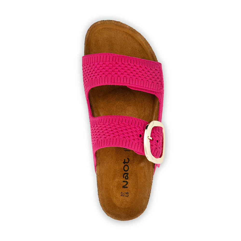 Naot Miami Modern Slide Sandal, two strap stretch knitted mesh material, accessory buckle on strap closer to the ankle. Slip on, no ankle strap, just two straps on top of the foot. Both are fuchsia pink, footbed is light brown and sole is black matching the two straps | Above view | Simons Shoes
