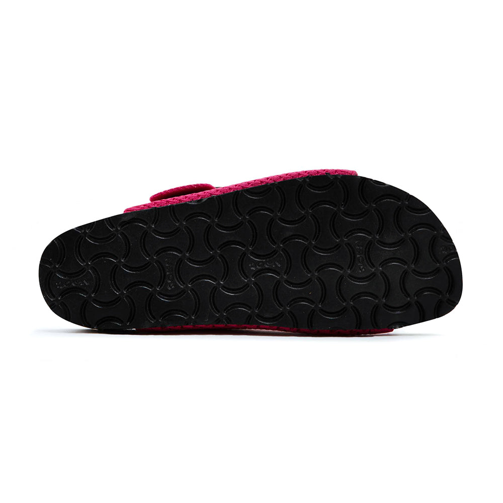 Naot Miami Modern Slide Sandal, two strap stretch knitted mesh material, accessory buckle on strap closer to the ankle. Slip on, no ankle strap, just two straps on top of the foot. Both are fuchsia pink, footbed is light brown and sole is black matching the two straps | Below view | Simons Shoes