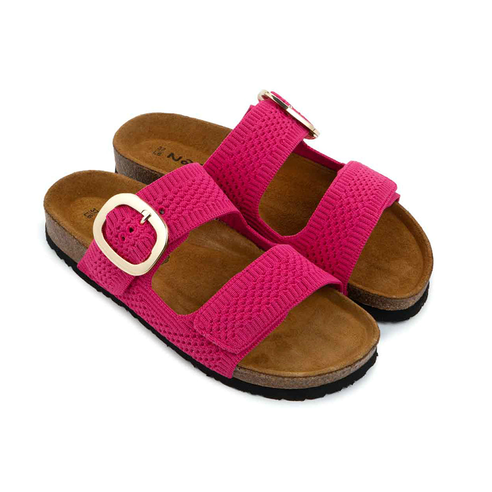 Naot Miami Modern Slide Sandal, two strap stretch knitted mesh material, accessory buckle on strap closer to the ankle. Slip on, no ankle strap, just two straps on top of the foot. Both are fuchsia pink, footbed is light brown and sole is black matching the two straps | Side view | Simons Shoes