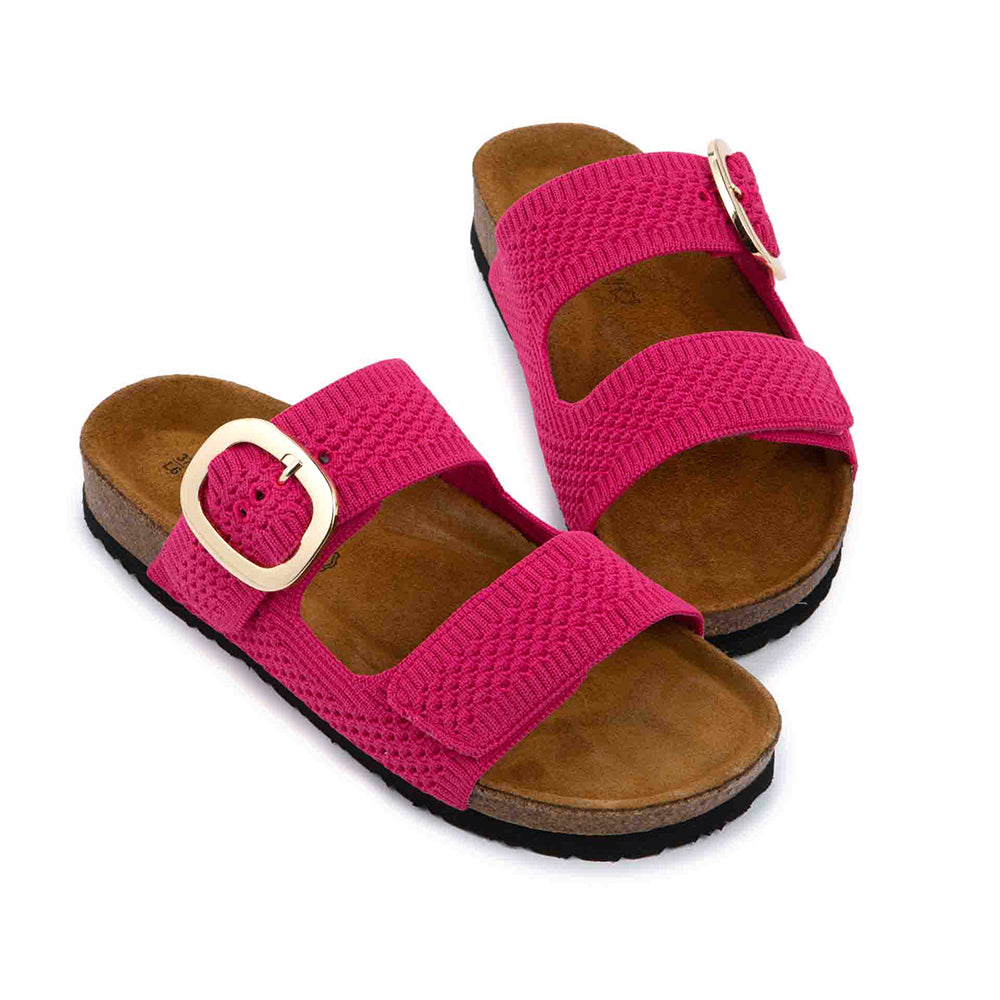 Naot Miami Modern Slide Sandal, two strap stretch knitted mesh material, accessory buckle on strap closer to the ankle. Slip on, no ankle strap, just two straps on top of the foot. Both are fuchsia pink, footbed is light brown and sole is black matching the two straps | Side view | Simons Shoes