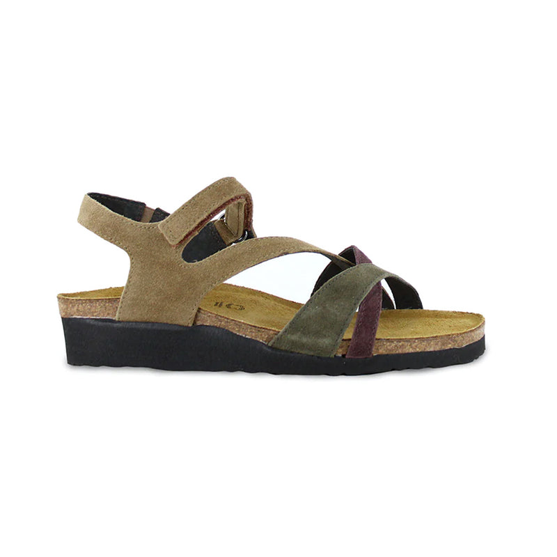 Naot Sophia Women's Adjustable Strappy Leather Sandal Olive Green, Brown, and Maroon Colored Straps | Simons Shoes