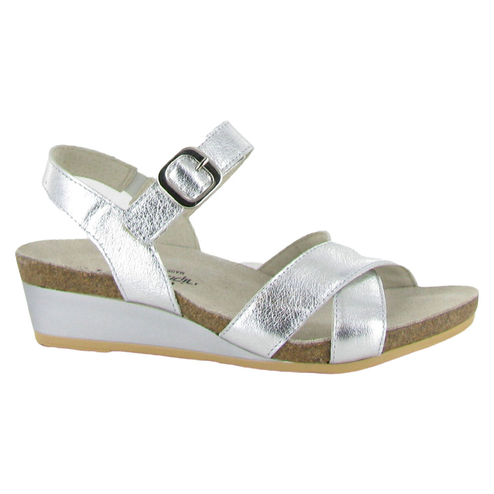 Naot Throne Kitten Wedge (104121) Womens Shoes Soft Silver Leather
