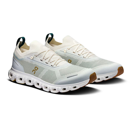 On Running Cloud 6 Versa Women's Shoe, off white color with brown bottom of the shoe, white sole, off white fabric material and laces | Side view | Simons Shoes