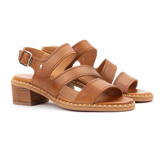 Pikolinos W3H-1635 Brown Strappy Leather Sandal, three straps diagonal above the shoe and adjustable ankle strap with adjustable buckle, wooden heel, light brown | Side view of two shoes | Simons Shoes 