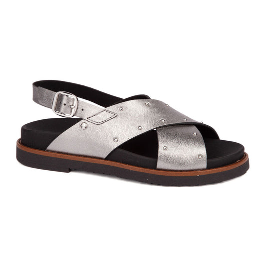 Pikolinos W7Z-0995CL silver sandal with solid criss cross strap over the sandal and adjustable ankle strap with traditional buckle, footbed is black and sole is black as well, evenly dispursed sparkle gems are on the two straps | Simons Shoes
