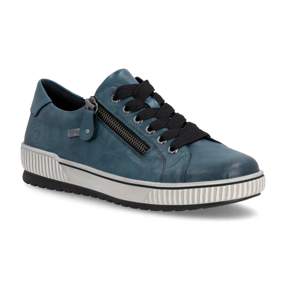 Remonte D0700 Petrol Teal Dark Blue Leather Sneakers Lace Up with Side Zip