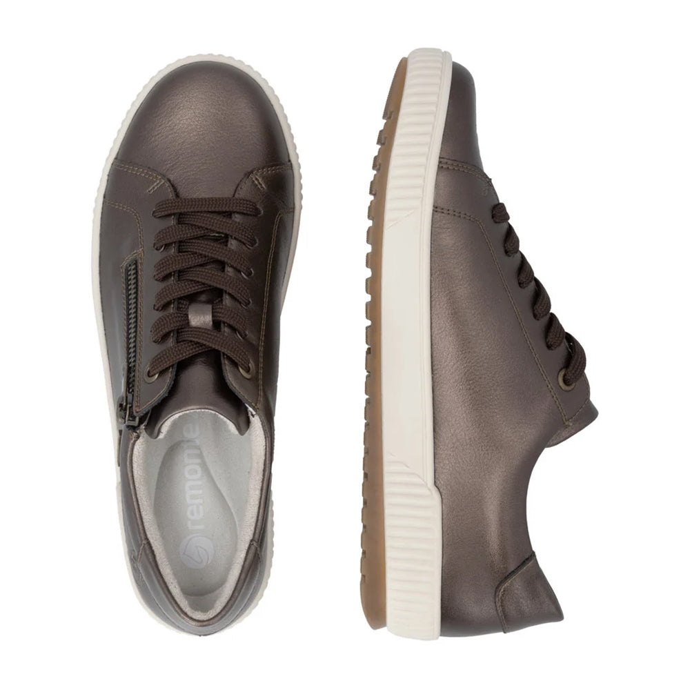 Remonte D0700 Antique Grey Leather Sneakers Lace Up with Side Zip