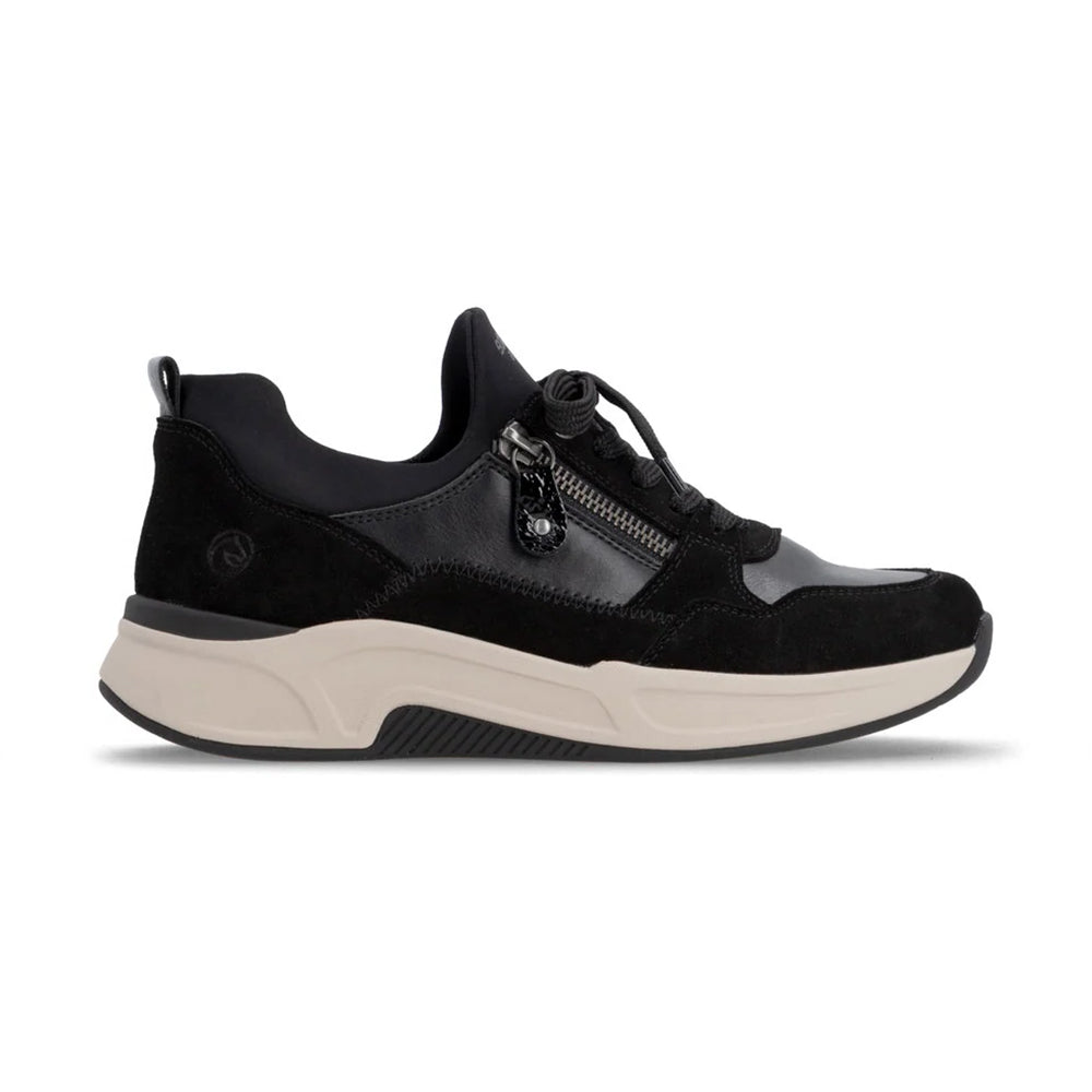 Remonte D3V01 Schwarz Black Leather and Suede Sneaker Lace up and Side Zip