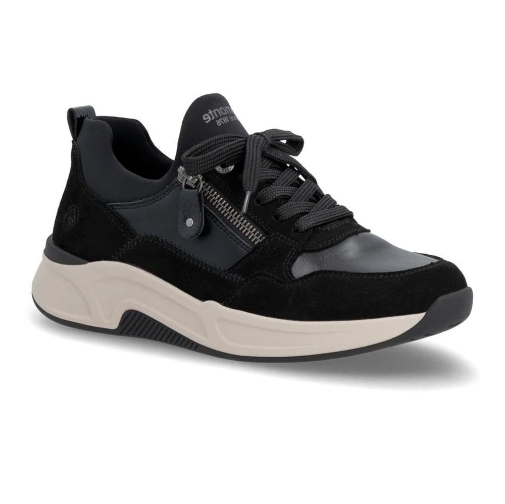 Remonte D3V01 Schwarz Black Leather and Suede Sneaker Lace up and Side Zip