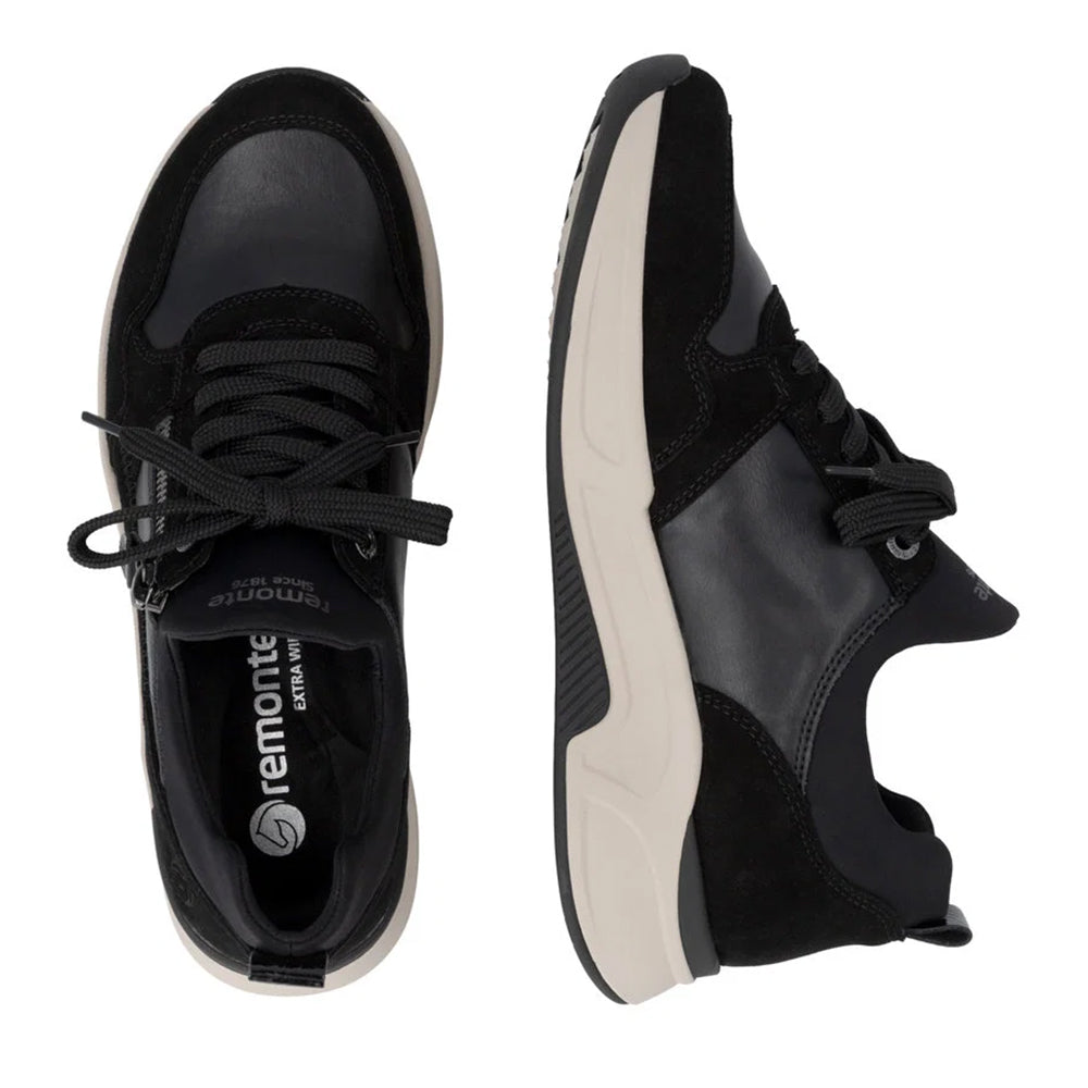 Remonte D3V01 Schwarz Black Leather and Suede Sneaker Lace up and Side Zip