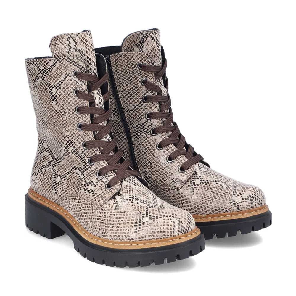 Rieker 72627 Beige Croc Leather Combat Boot 