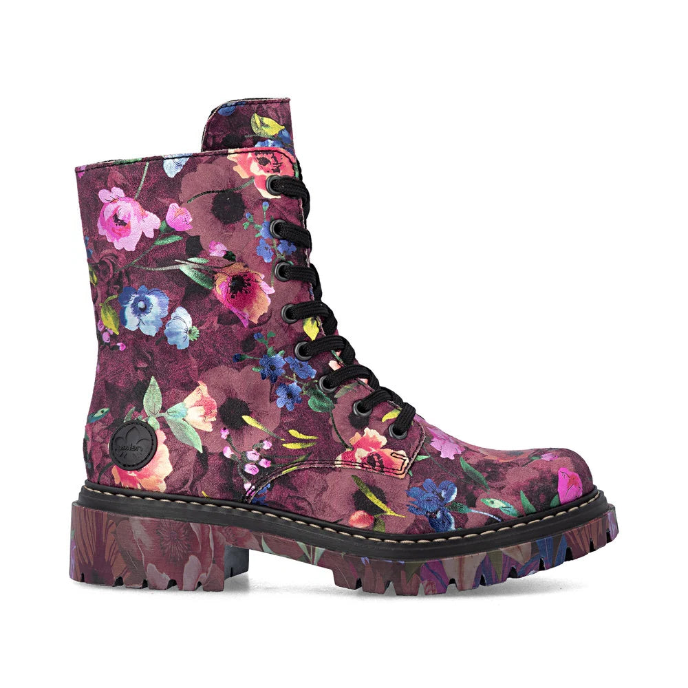 Rieker 72627 Multi Flower Patterened Purple Leather Combat Boot 