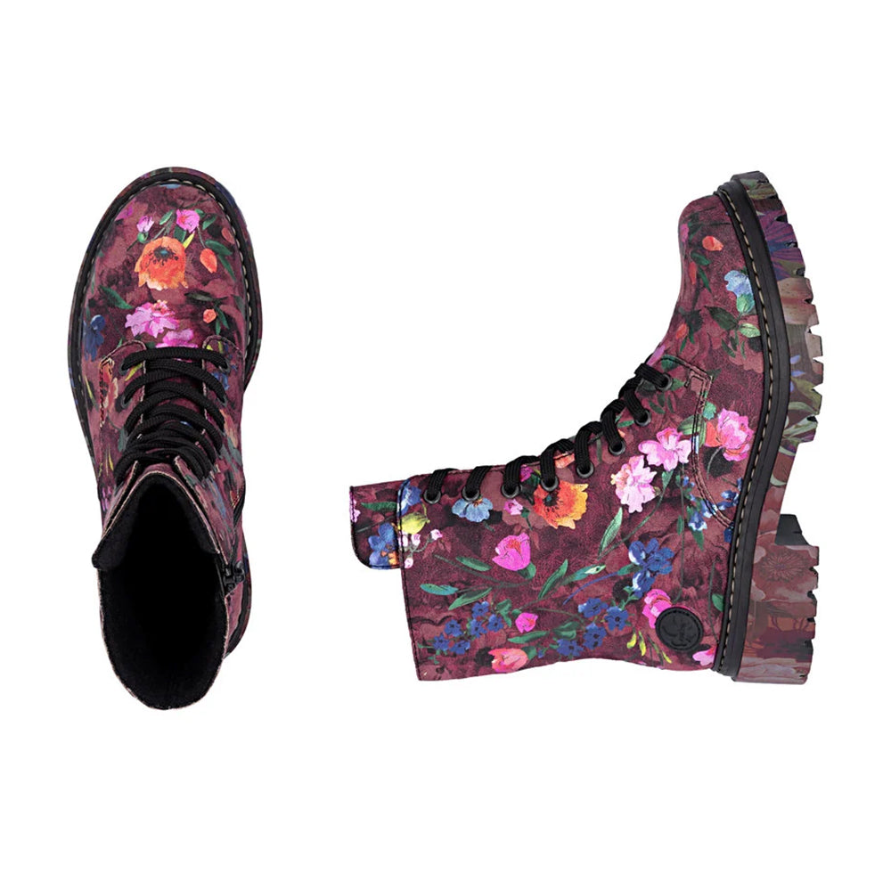 Rieker 72627 Multi Flower Patterened Purple Leather Combat Boot 