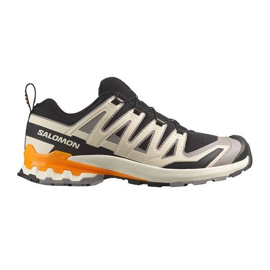 Salomon XA Pro 3D V9 Mens black gulf turmeric color, slip on athletic sneaker with white and orange slight accents, back pull tab for ease of use | Side view | Simons Shoes