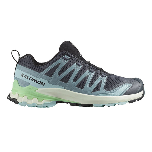 Salomon XA Pro 3D V9 Women's Turbulence Iced Aqua and Patina Green color, mostly light grey iced aqua with small light green accent on sole, slip on sneaker side view with pull on tap on back of shoe for ease of use | Side view | Simons Shoes