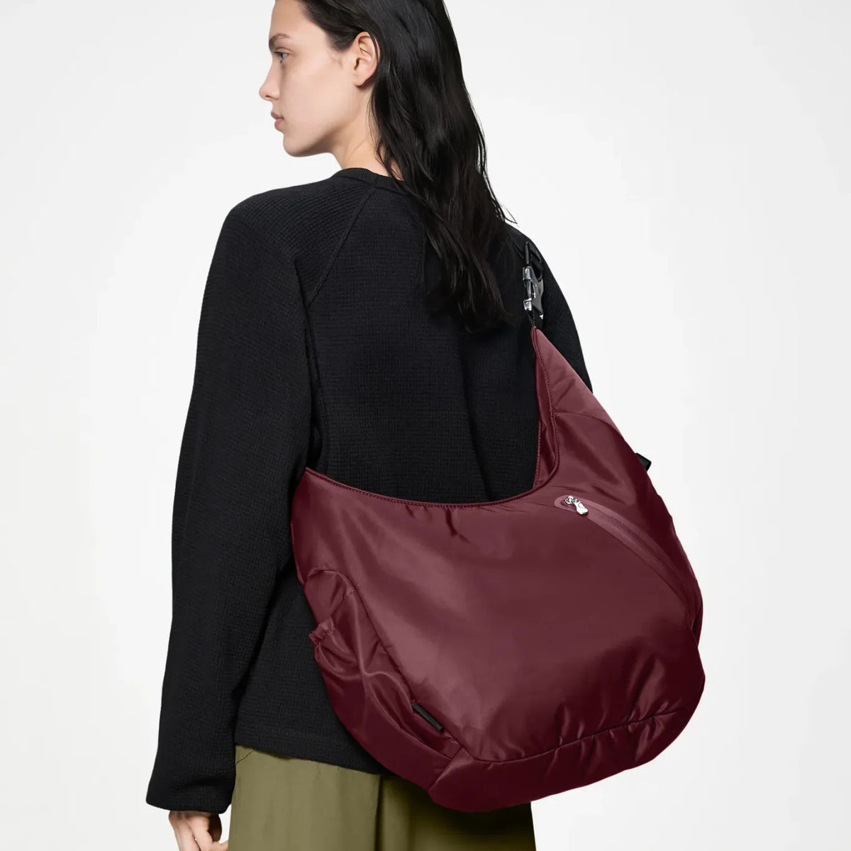 Rains oxblood shoulder bag on model