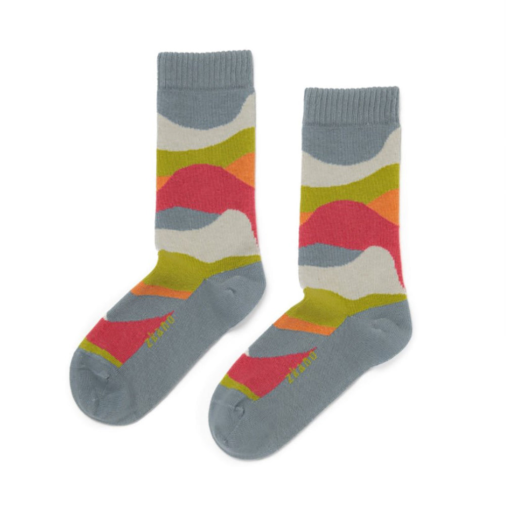 Zkano Current Organic Cotton Crew Socks Navy Blue with Red Dark Orange and Blue Wave Colors| Simons Shoes