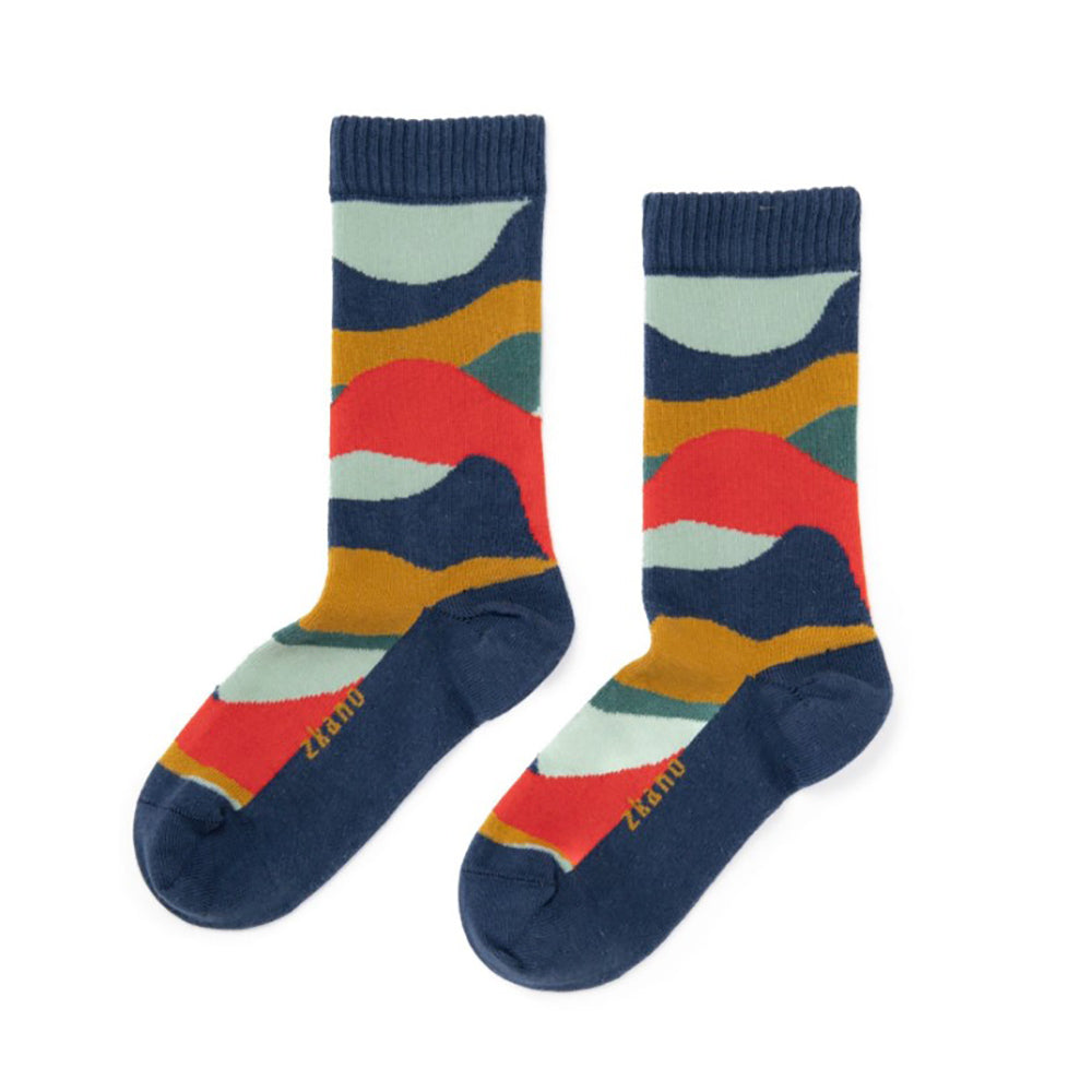 Zkano Current Organic Cotton Crew Socks Navy Blue with Red Dark Orange and Blue Wave Colors| Simons Shoes