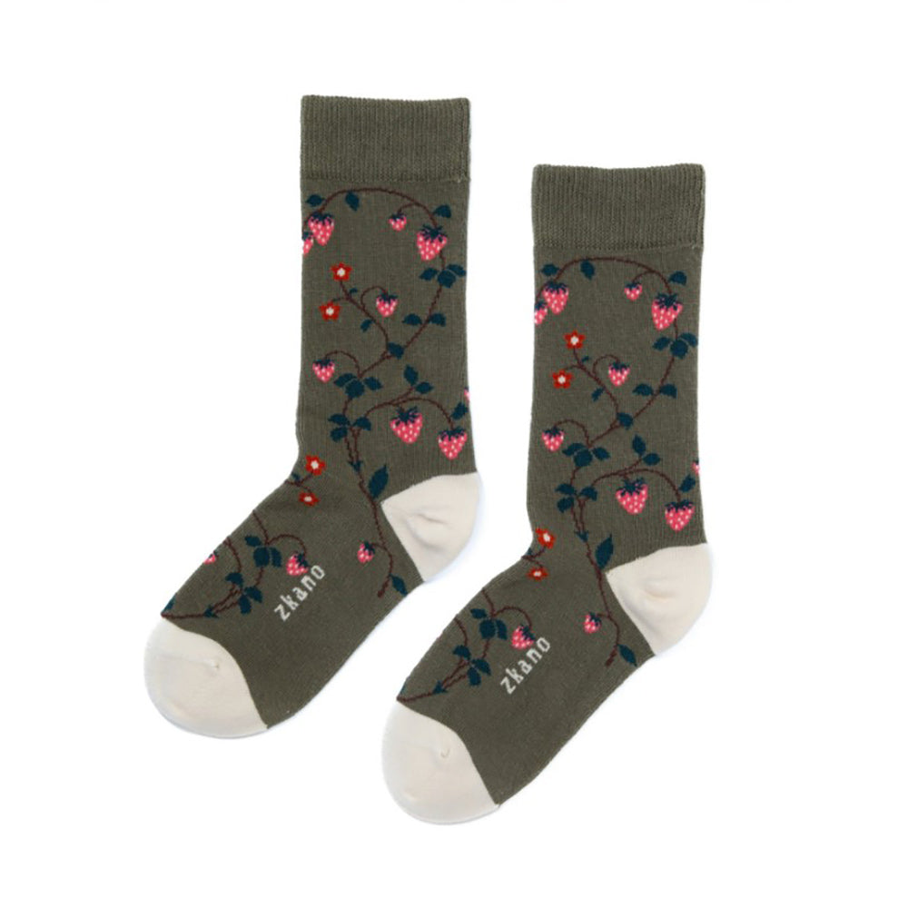 Zkano Wild Strawberries - Organic Cotton Crew Socks Womens Hosiery Olive
