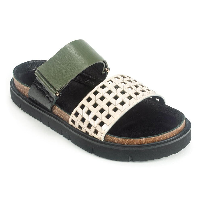 All Black Squareperf Womens Cutout Leather Slide Sandal | Simons Shoes