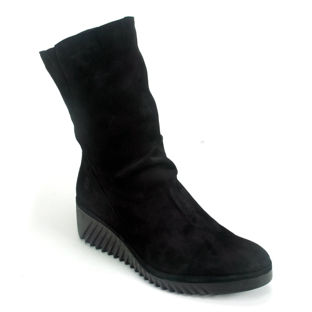 Fly London Suede Wedge Mid-Calf Boot (LEDE228) Womens Shoes Black Suede