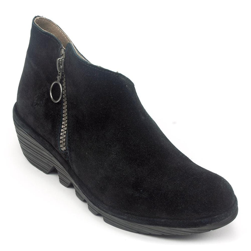 Fly London Poro Asymmetrical Bootie Womens Shoes Black Suede