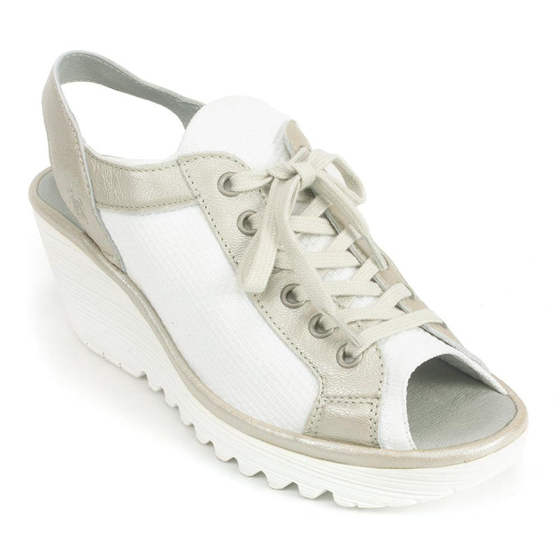 Fly London Yedu Lace-Up Wedge Sandal Womens Shoes 009 Silver/White