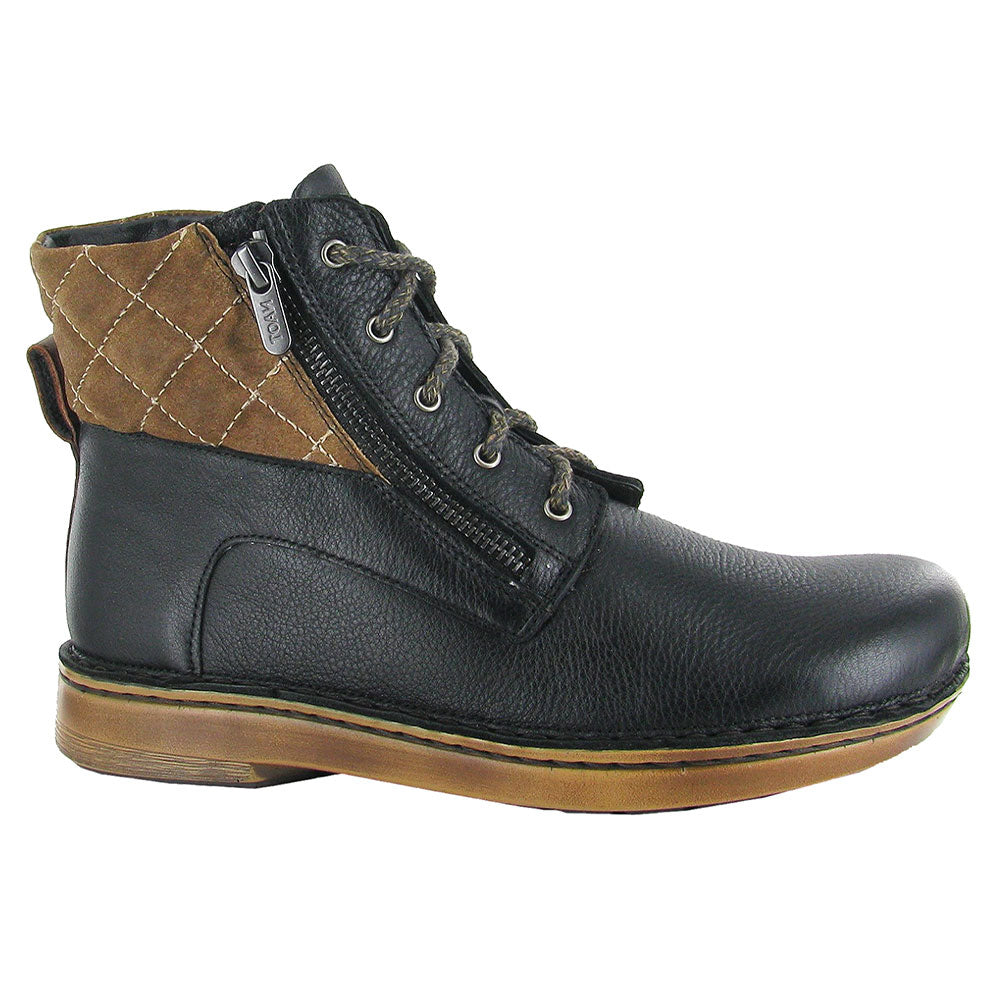 Naot Castera Combat Bootie (63439) Womens Shoes Soft Black Lthr/Antique Brown Suede/Soft Chestnut Lthr