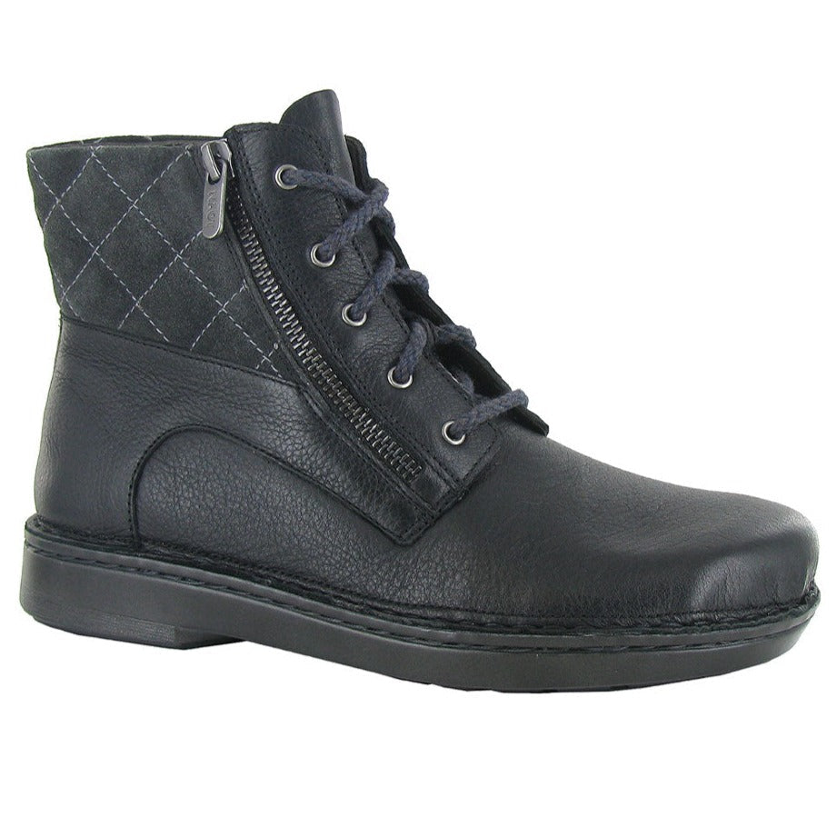 Naot Castera Combat Bootie (63439) Womens Shoes Soft Black Lthr/Antique Brown Suede/Soft Chestnut Lthr