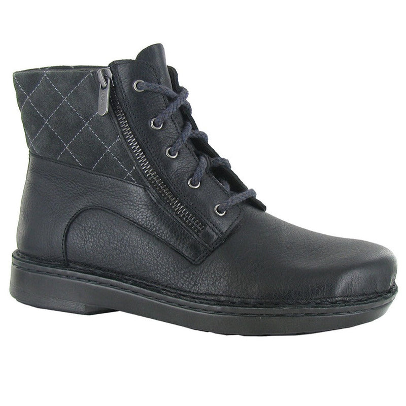 Naot Castera Combat Bootie (63439) Womens Shoes Soft Black Lthr/Oily Midnight Suede/Foggy Gray Lthr