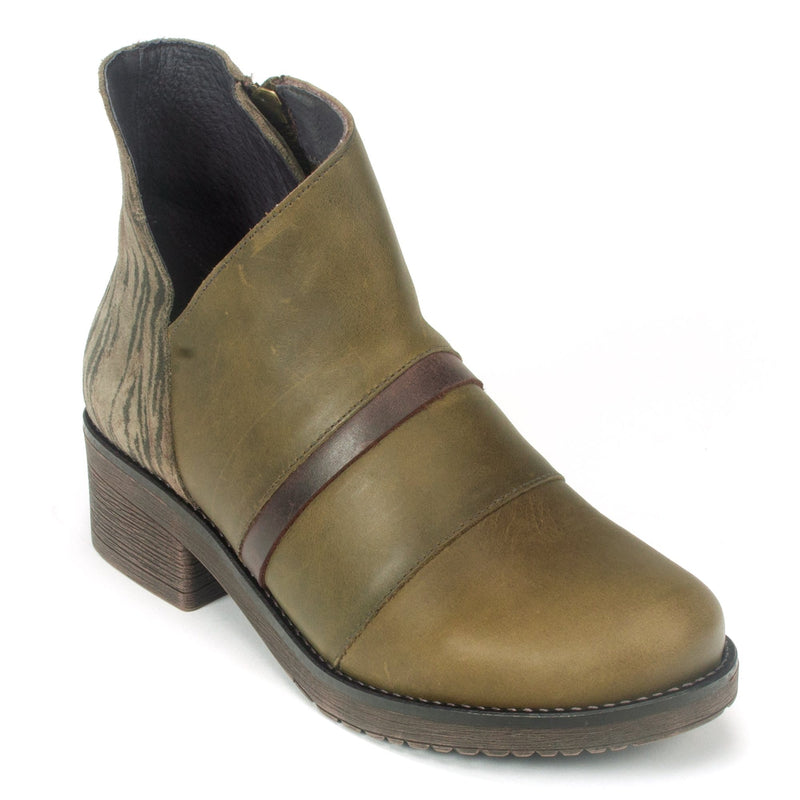 Naot Emerald Bootie (17621) Womens Shoes Vintage Pine Lthr/Safari Olive Suede/Crazy Horse Lthr