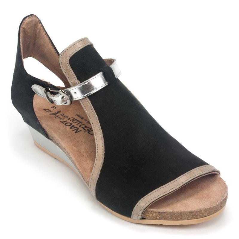 Naot Fiona Gladiator Sandal (5042) Womens Shoes Black Velvet/Khaki Beige/Silver Mirror