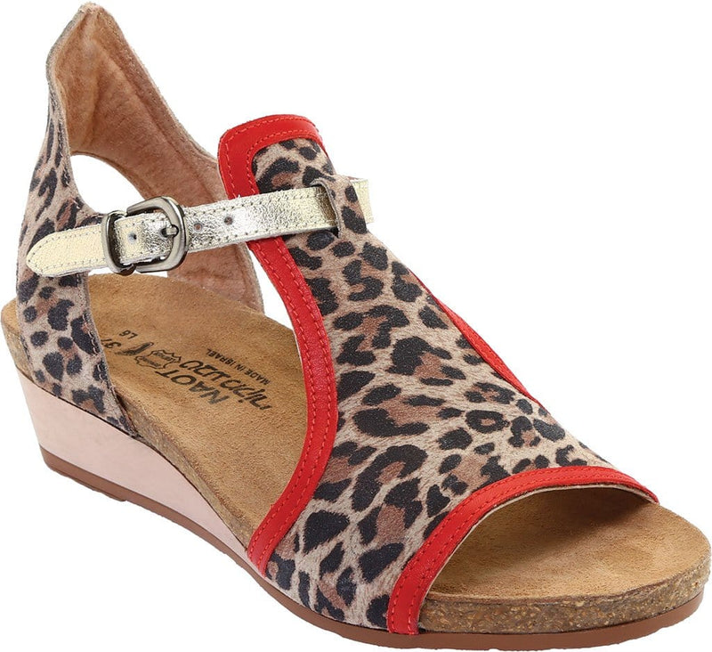 Naot Fiona Gladiator Sandal (5042) Womens Shoes Cheetah Suede/Kiss Red Leather/Radiant Gold Leather