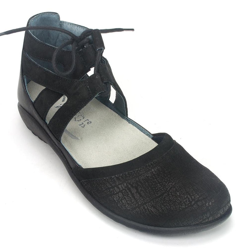 Naot Kata Perforated Flat (11152) Womens Shoes Black Crackle/Black Velvet/Black Raven