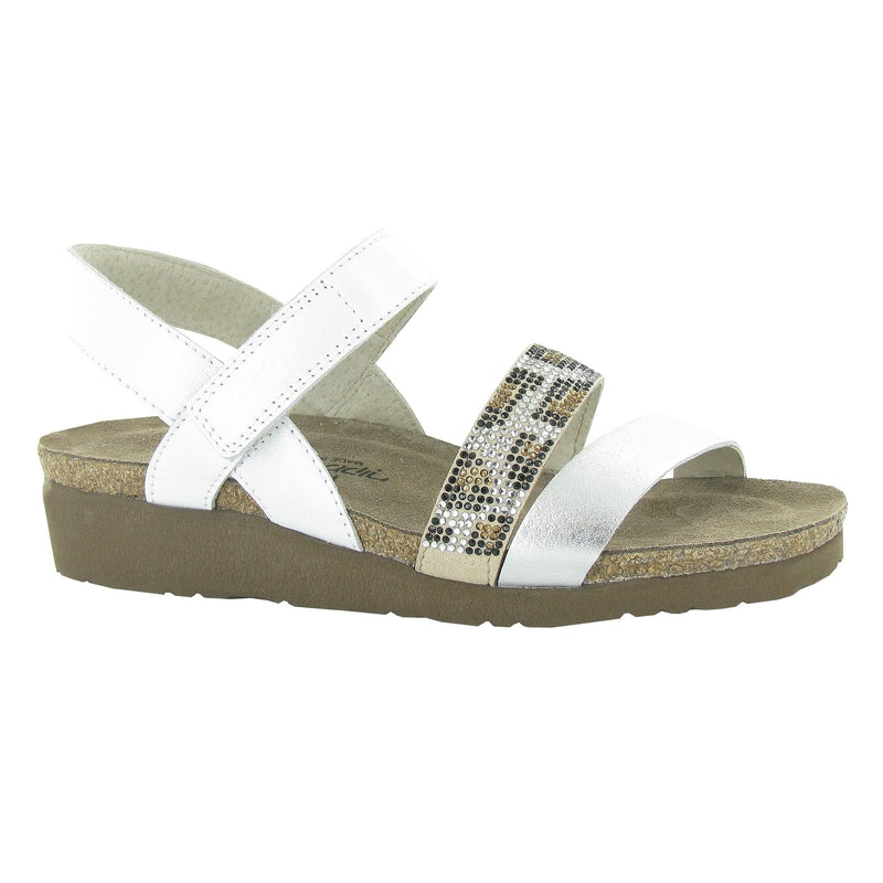 Naot Krista Sandal (7807) Womens Shoes White Pearl Leather/Soft Silver Leather w/ Beige/Cheetah Rivets