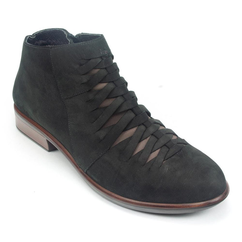 Naot Leveche Woven Bootie (26048) Womens Shoes Black Velvet Nubuck/Shiitake Nubuck